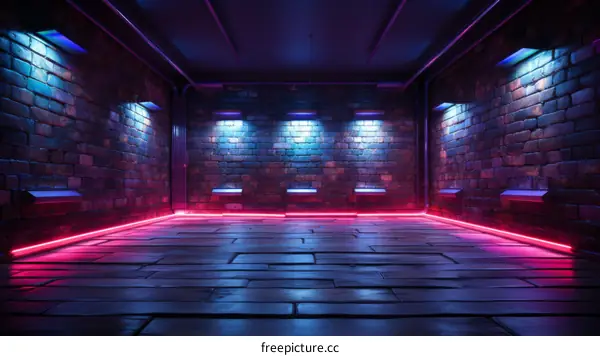Neon Lights in Empty Room with Brick Walls