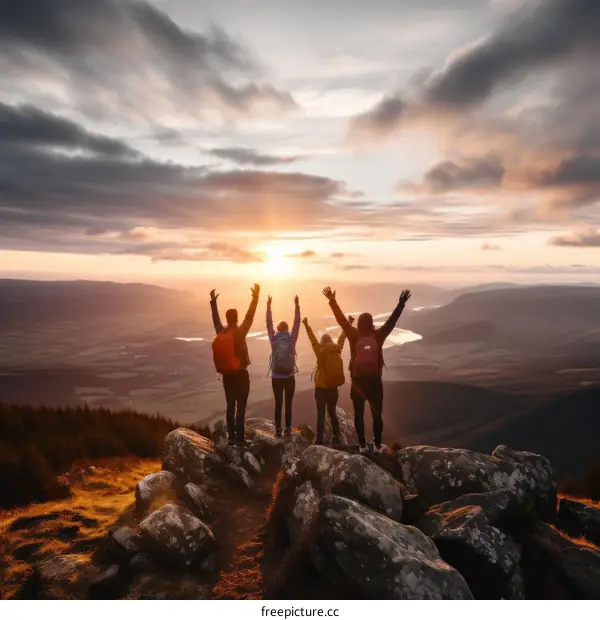 Four people standing on a mountaintop with their arms in the air