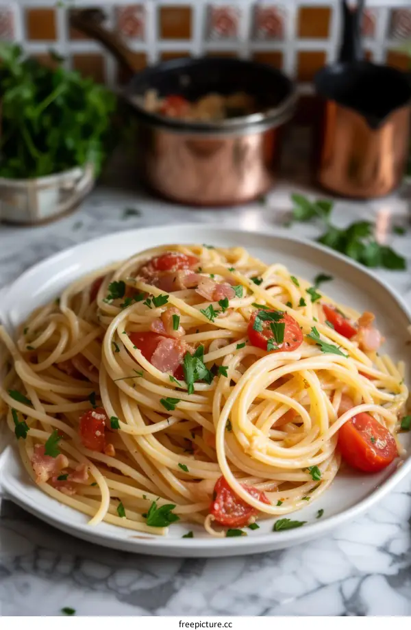spaghetti with tomatoes and bacon