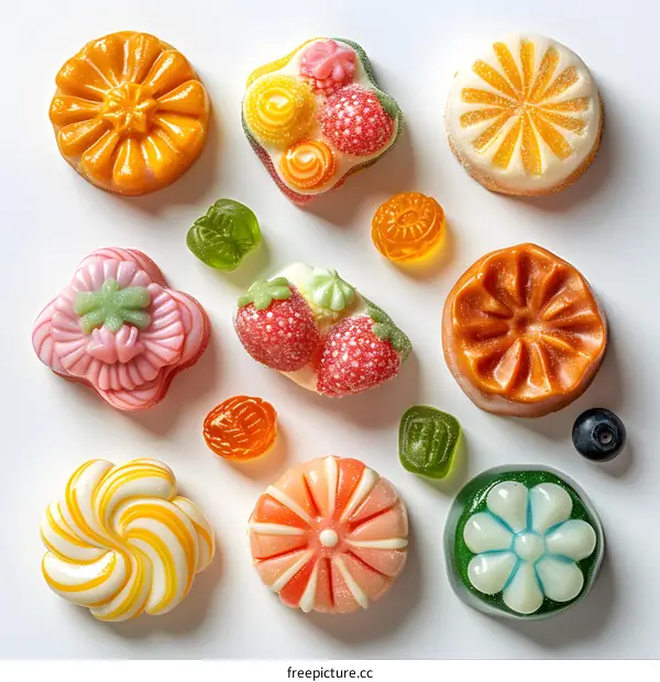 Colorful candies arranged on a white background