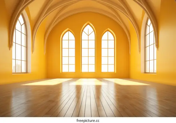 Bright yellow empty hall with gothic windows