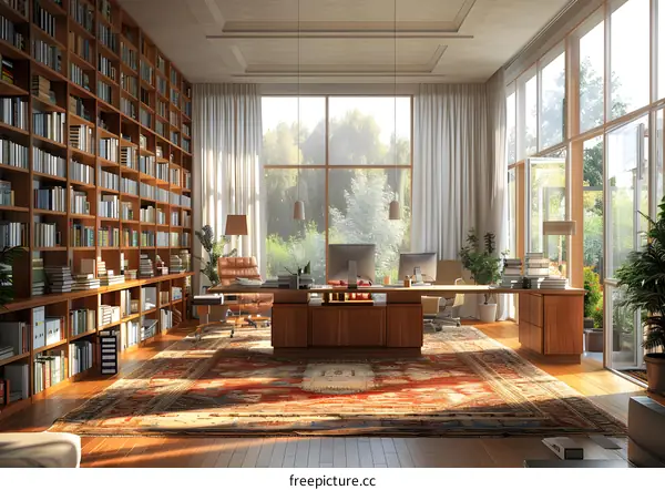 Home office interior design with large windows and a bookshelf