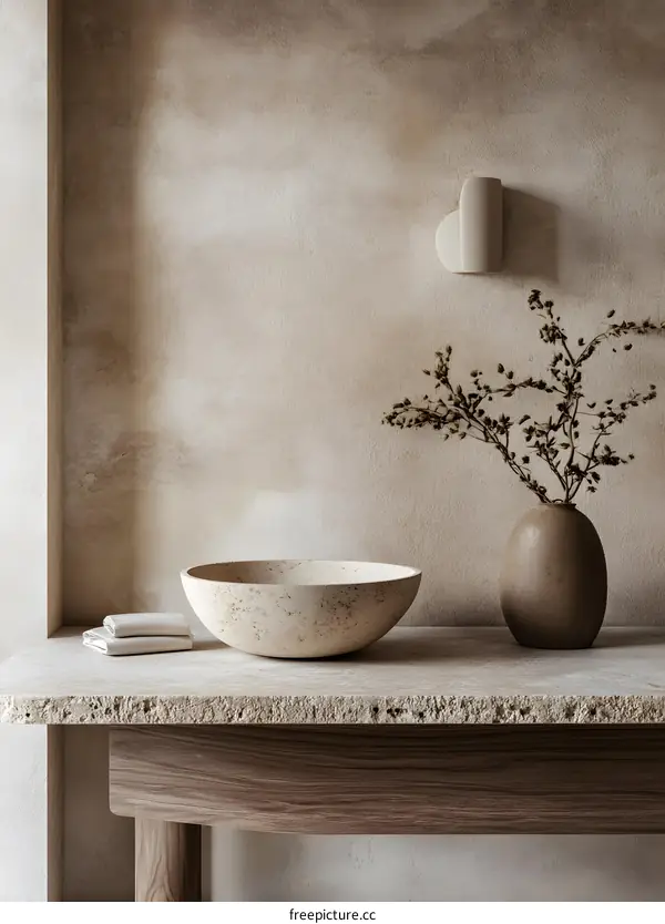 Minimalist Bathroom Interior Design with Stone Sink and Vase