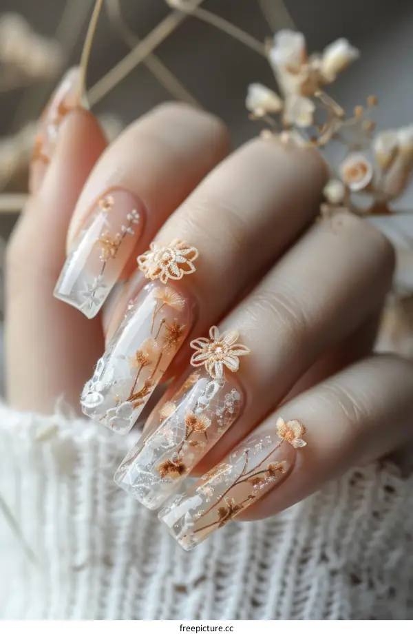 Dried flowers and lace decorated nails