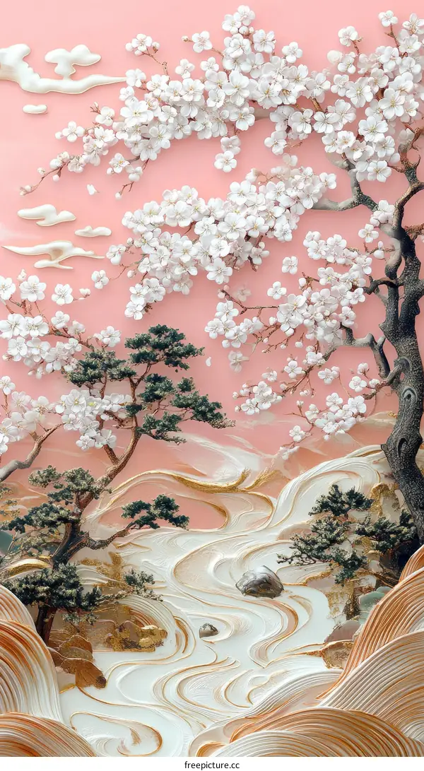 Elegant Japanese Cherry Blossom Landscape Illustration