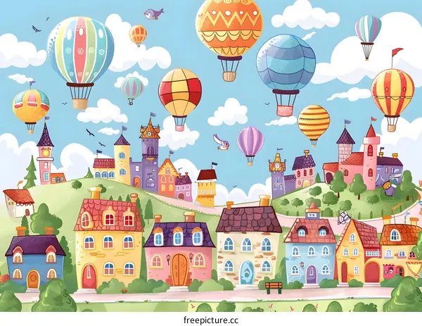 Cartoon Illustration of a City with Hot Air Balloons
