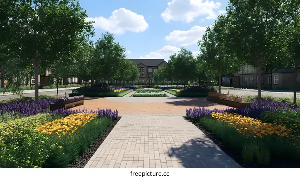 Green Landscape Garden with Flowers and Pathway