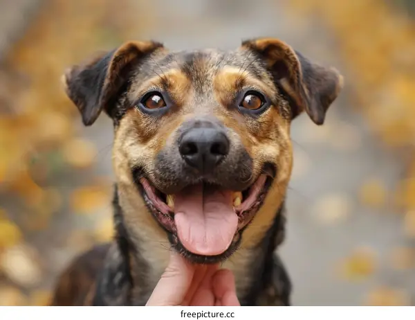 A happy dog is being petted by a human hand