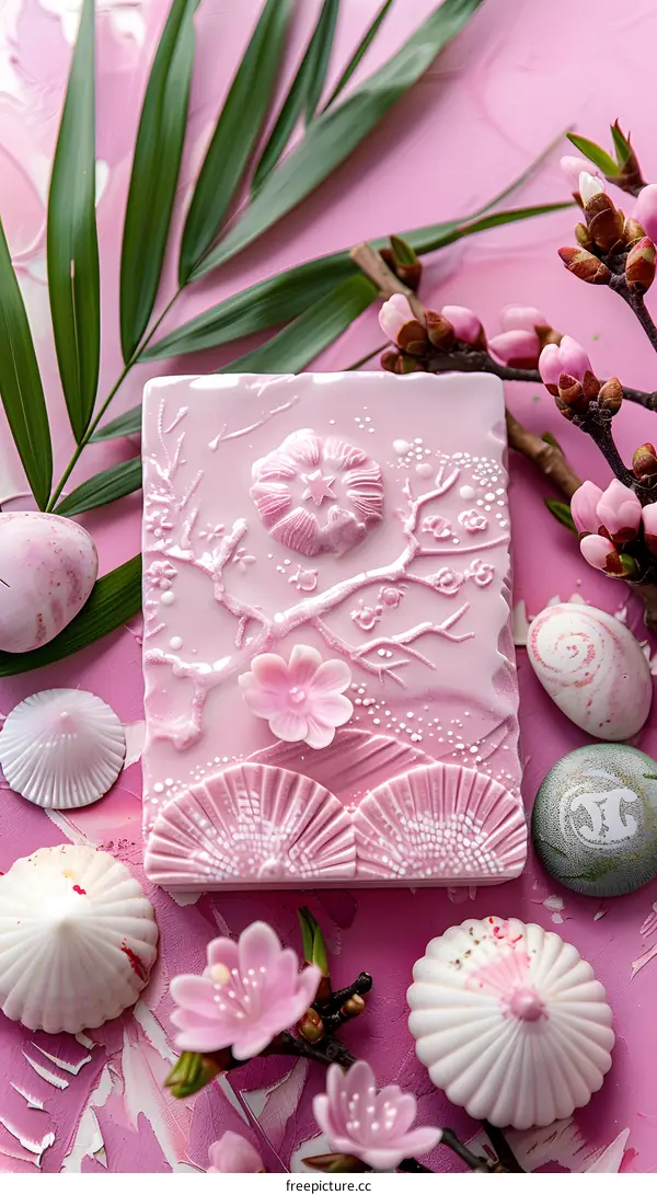 Pink Cherry Blossom Tile with Leaves and Flowers