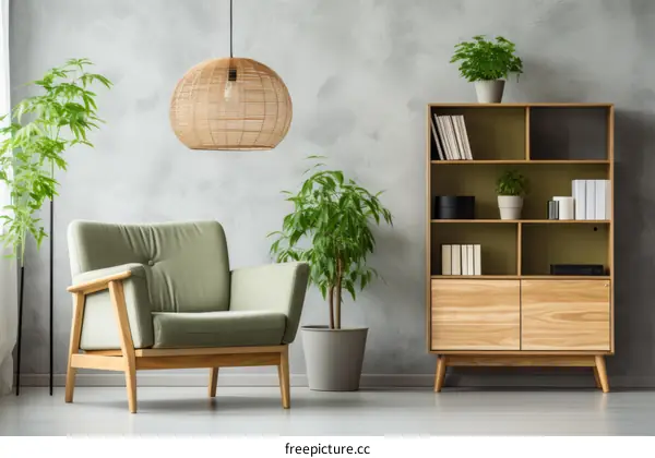 A Stylish Living Room With a Green Armchair and Plants