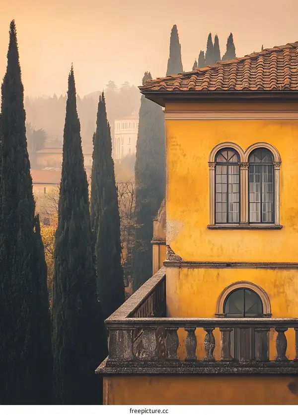 Yellow Italian Villa with Cypress Trees and Fog