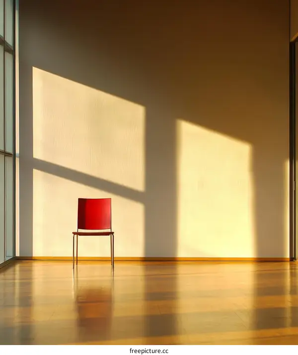 Empty Room with Red Chair and Sunlight Shadows