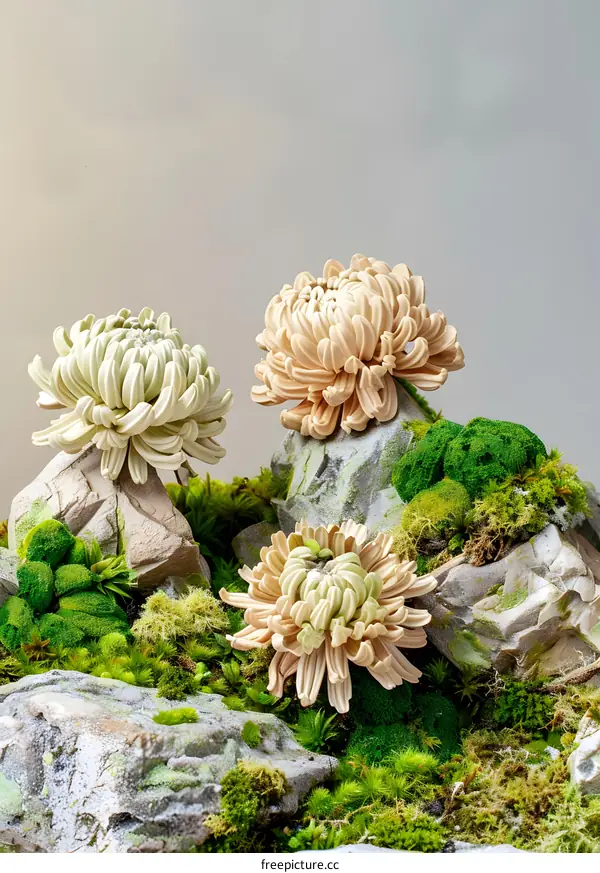 Three Beige Chrysanthemums on Rock and Moss