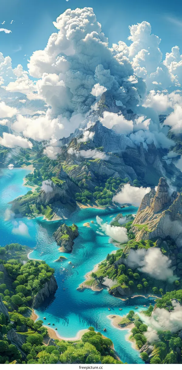 Fantasy Aerial View of Islands and Mountains