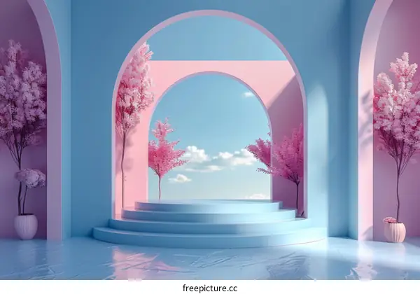 Pastel Dreamy Archway Scene with Pink Trees