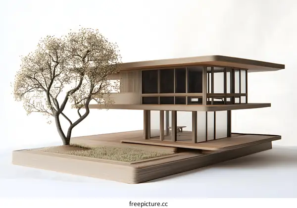 Modern Wooden House Model with Tree