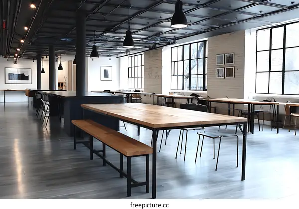 Modern Open Plan Workspace with Large Shared Tables