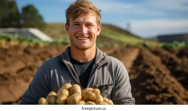 A young male farmer is harvesting potatoes in a field.