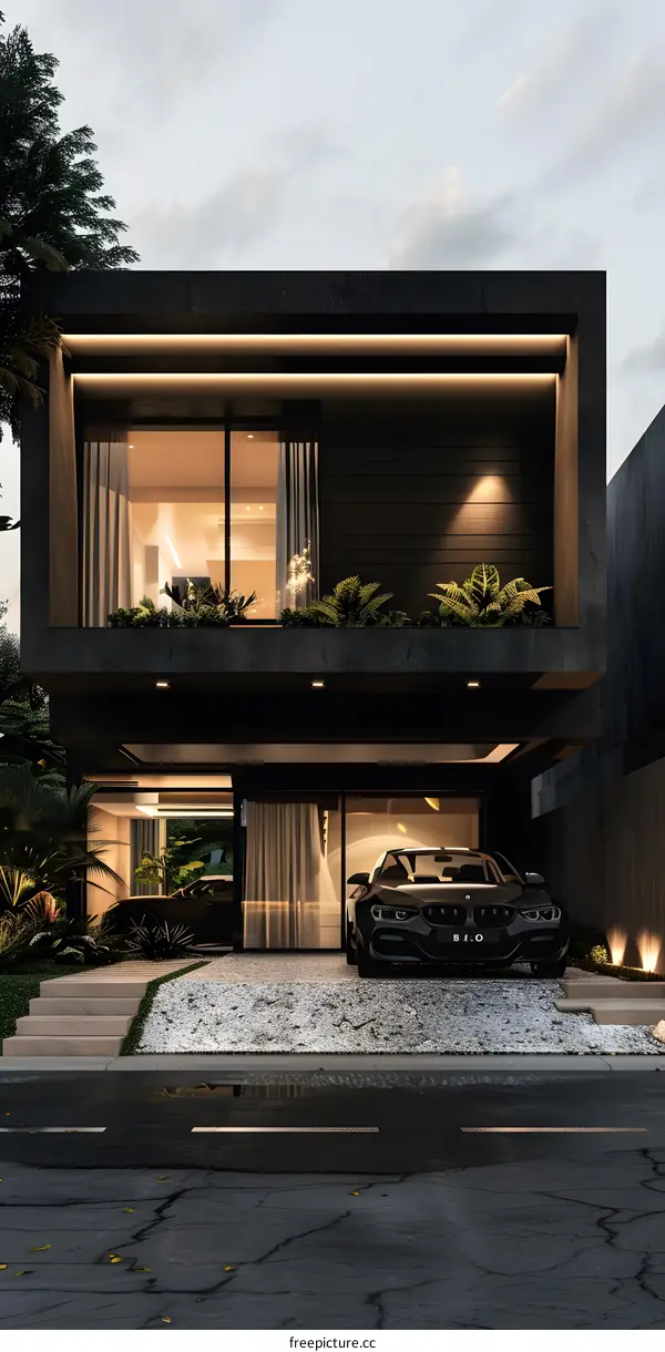 Modern Black House with a Car in the Garage