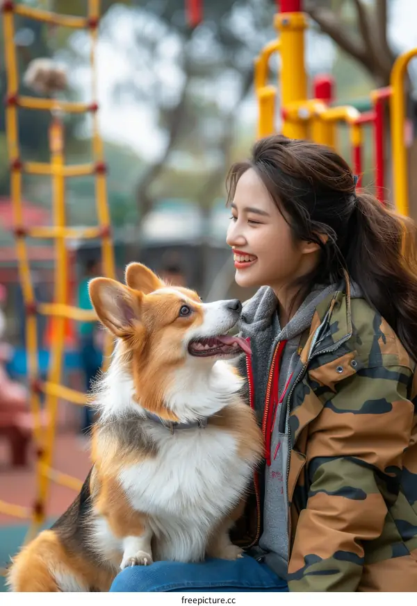 Asian woman sitting on a bench with a corgi dog