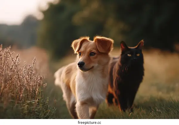 Two Adorable Animals in a Field at Sunset