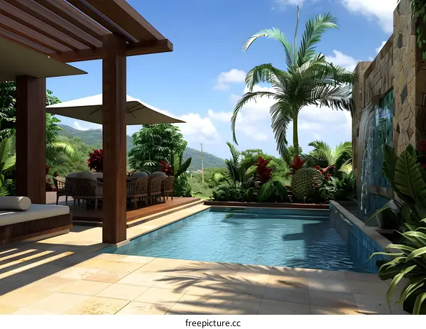 Tropical Swimming Pool and Patio with Waterfall