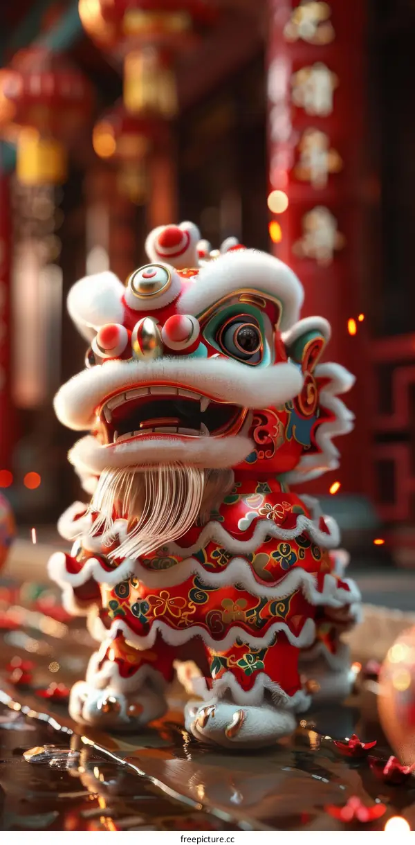 Red and Gold Lion Performing the Lion Dance