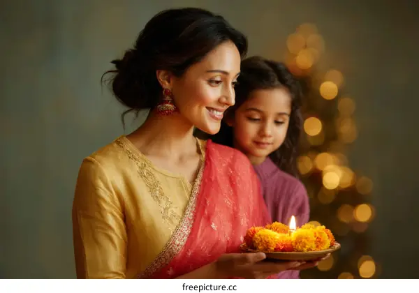 Indian Mother and Daughter Celebrating Diwali