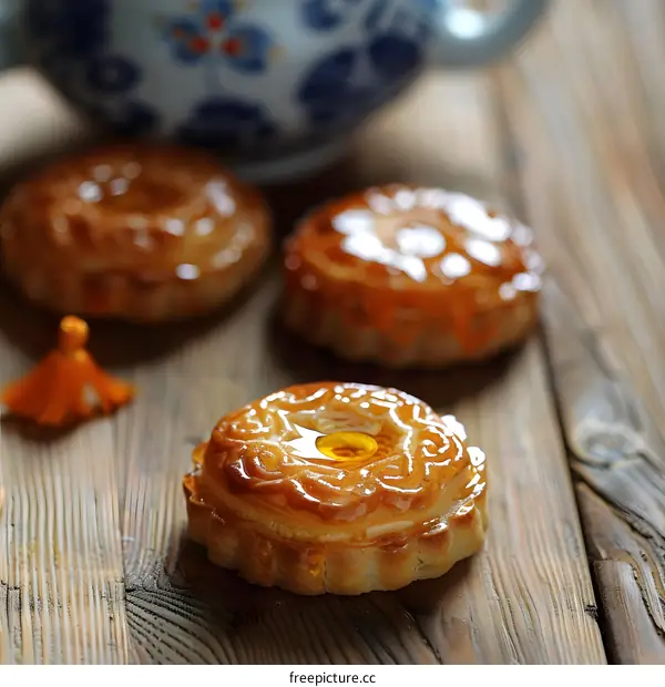 Close Up of Sweet Pastry with Honey Drizzle on Wooden Surface