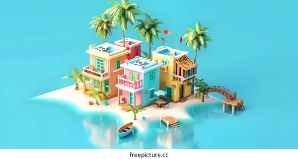 Tropical Island with Colorful Houses and Palm Trees