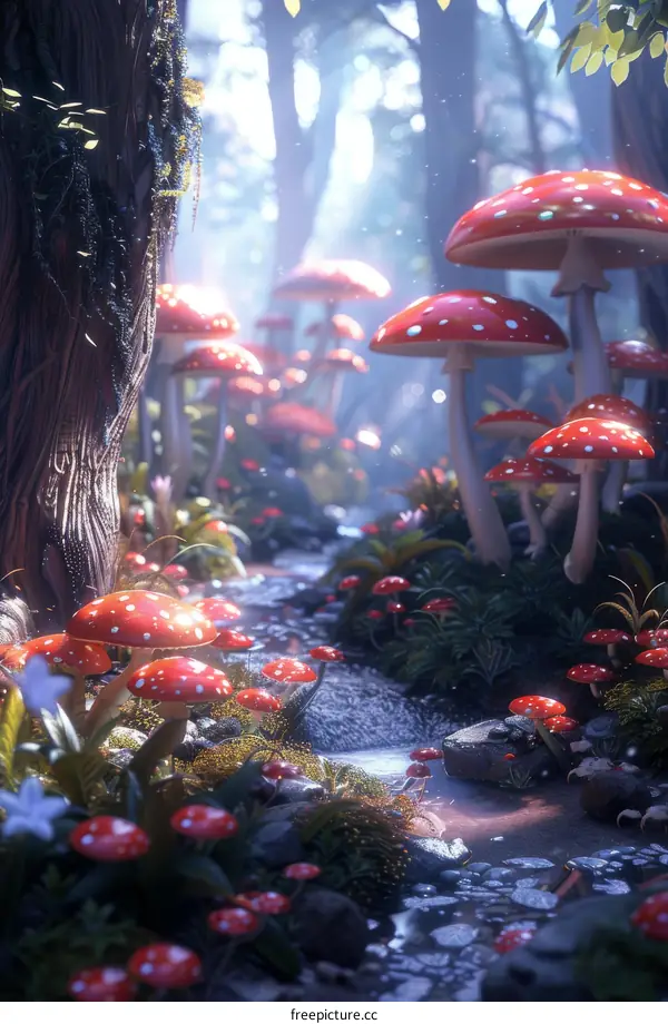 Red mushrooms in a mystical forest with a small river flowing through it
