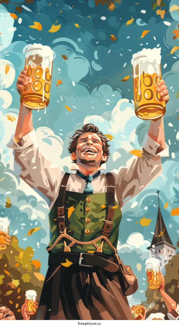A man celebrating Oktoberfest by drinking beer