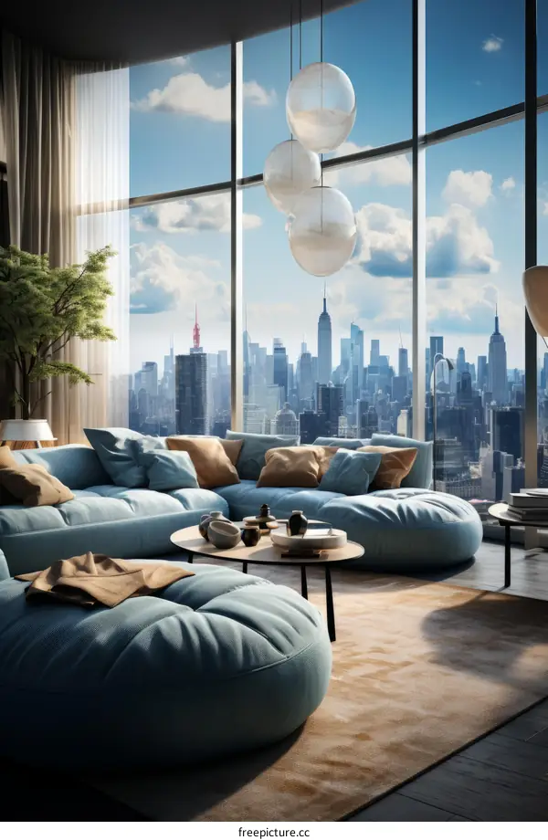 A modern living room with a large window overlooking a city skyline