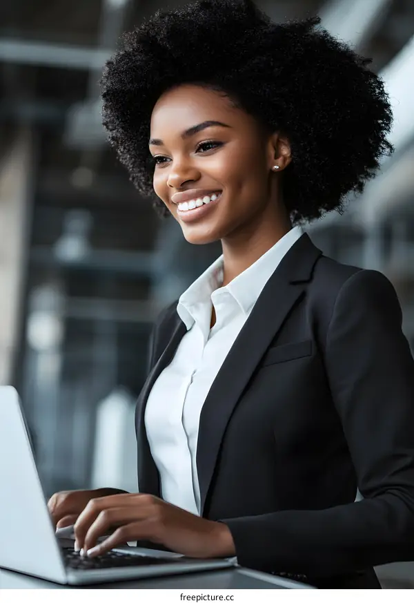 Smiling African American Businesswoman Working on Laptop