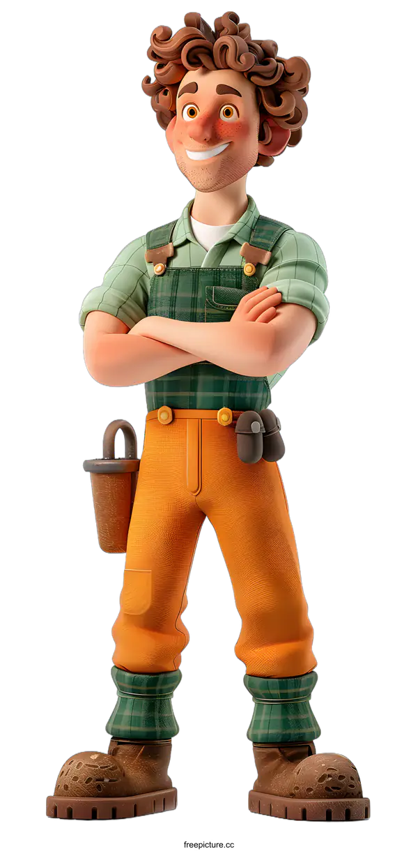 [Transparent Background PNG]3D Cartoon Character Gardener Confident Pose