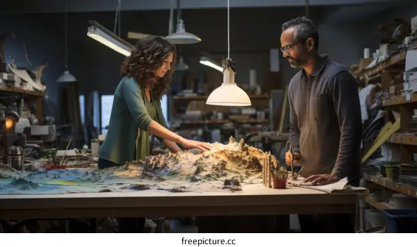 Scientists studying a 3D model of a mountainous region