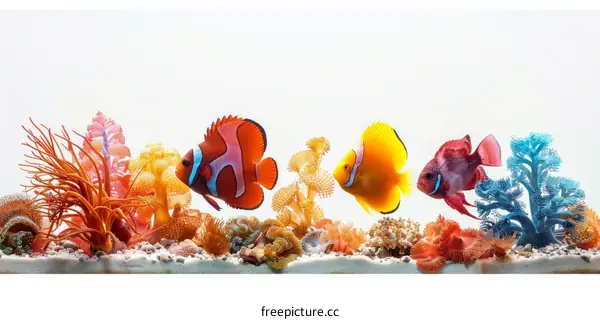 Three clownfish swim near a coral reef