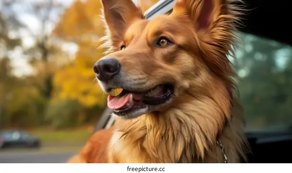 Brown Dog Looking Out from Car Window with Trees in Background