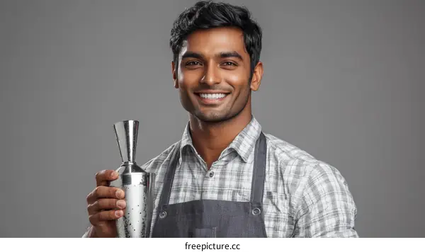 Smiling Indian Bartender Holding Cocktail Shaker