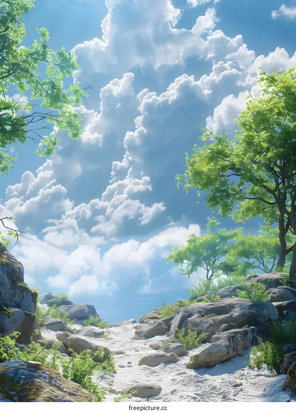 Rocky beach with green trees and blue sky with white clouds