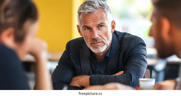 Serious Businessman Listening to Colleagues During Meeting
