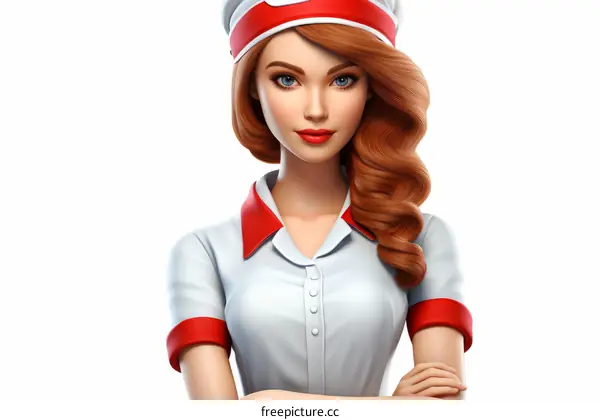Confident Redhead Woman in White and Red Uniform