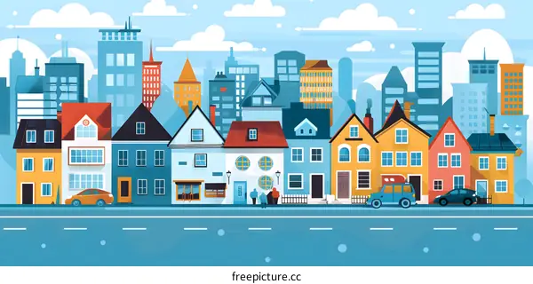 Colorful Cityscape with Houses and Cars Illustration