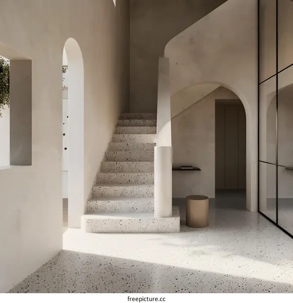 Modern Interior Design With Stone Steps And Arched Doorways