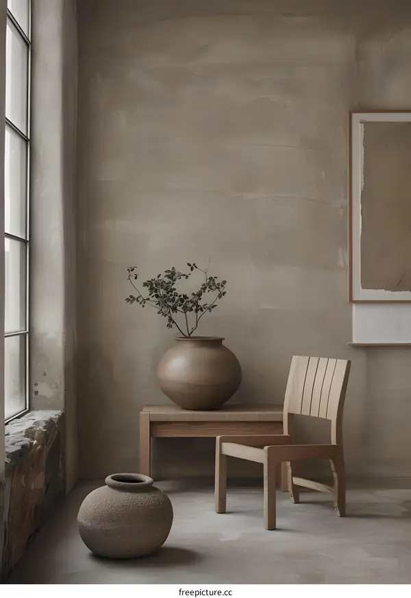 Minimalist Interior Design with Wooden Chair and Two Clay Pots