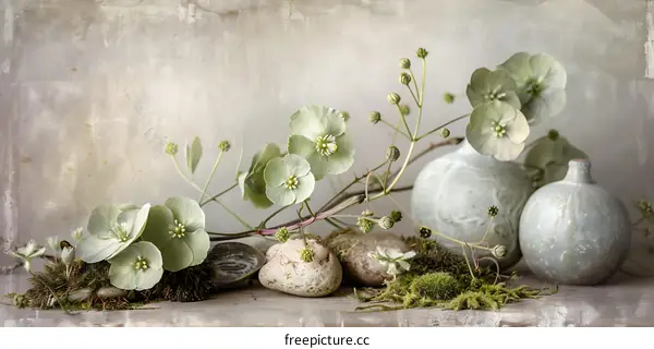 Green Flowers And Ceramic Vases With Rocks