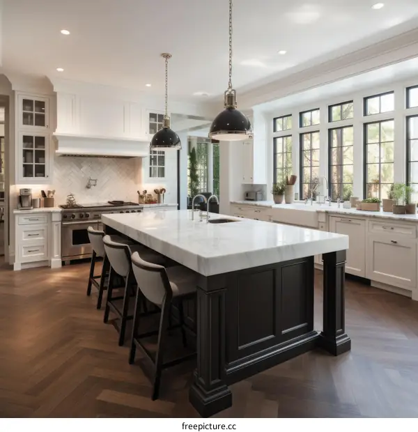 Modern Farmhouse Kitchen with White Cabinets and Dark Island