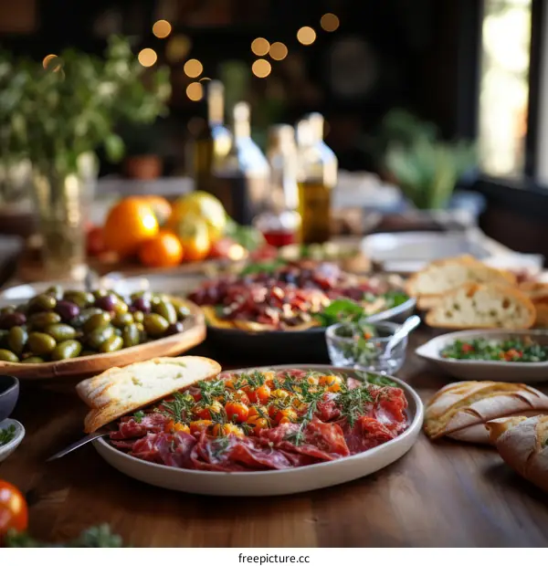 A delicious Italian meal with various meats, olives, tomatoes, and bread