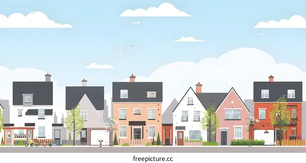 Suburban Houses With Gardens And Blue Sky