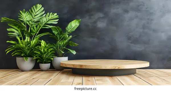 Round Wooden Platform With Plants Against A Dark Background